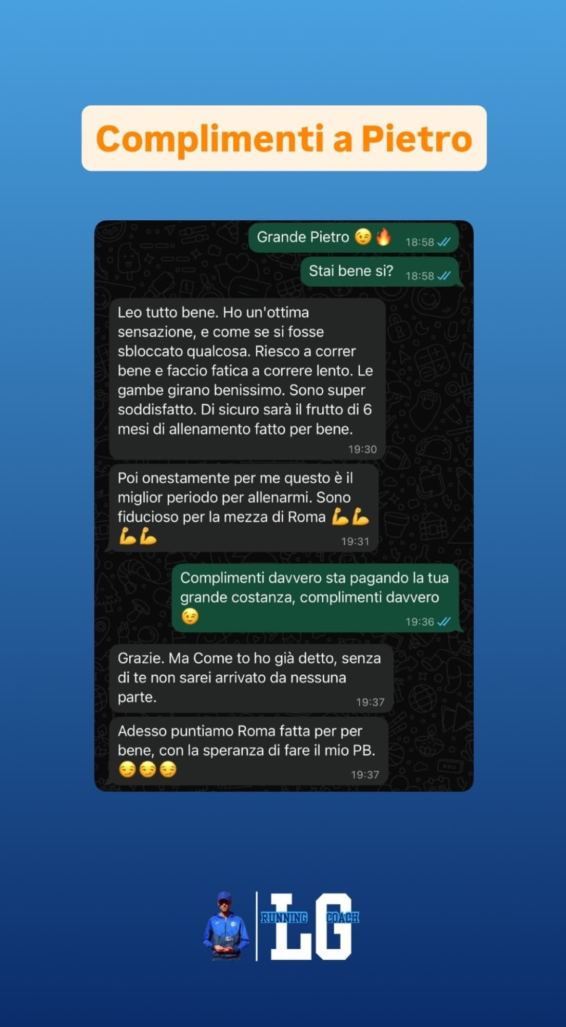Chat con Pietro: dopo sei mesi di allenamento le gambe girano bene ed è fiducioso per la mezza di Roma.