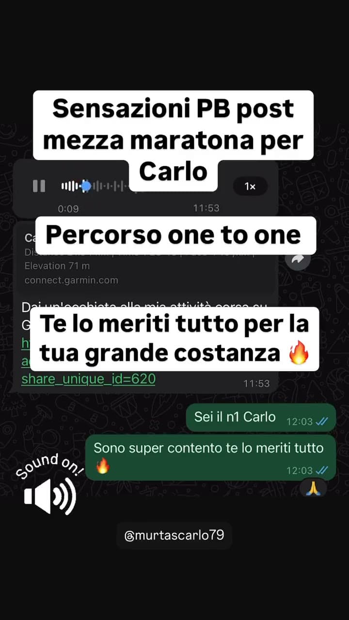 Fotogramma della storia con i messaggi scambiati con Carlo dopo la mezza maratona.