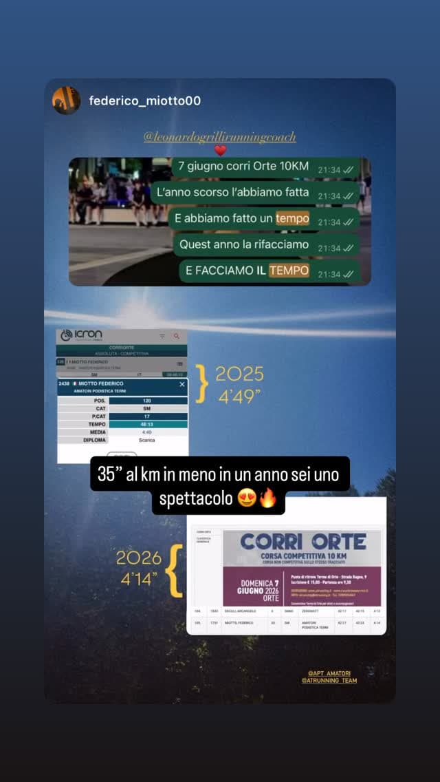 Storia Instagram di Federico: alla Corri Orte 10 km passa da 4’49” a 4’14” al chilometro in un anno.