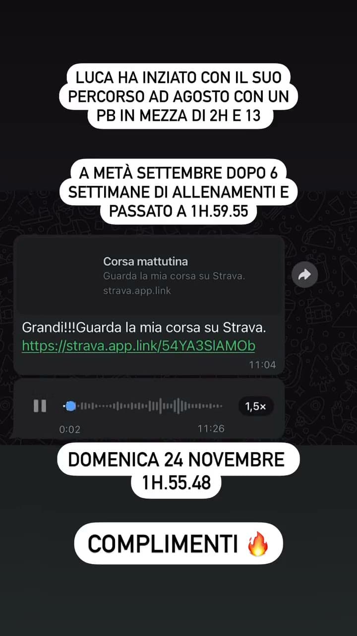 Fotogramma della storia con i messaggi sui tempi di Luca nella mezza maratona.